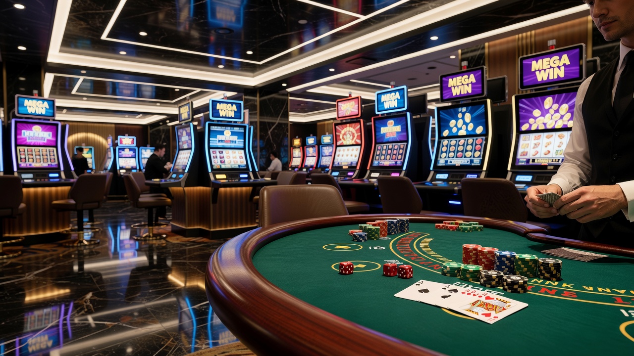 Close-up view of a digital casino interface showing slot reels and betting controls on a tablet screen
